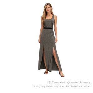 Silence + Noise S Gray Maxi Dress Black Waist Minimalist Slit